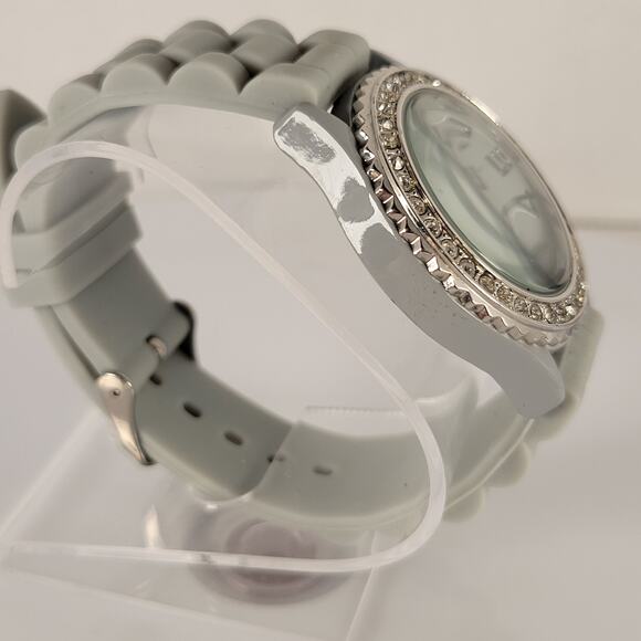 Silver Cross Watch with Rhinestone Bezel and Gray Silicone Strap Religious - Picture 8 of 15